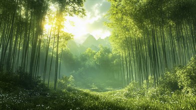 An ethereal bamboo forest bathed in sunlight and mist, creating a serene atmosphere, AI generated