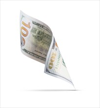 One hundred dollar bill floating down to surface with drop shadow isolated on a white background