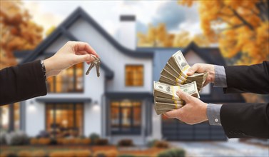 Real estate agent handing over house keys for stacks of money in front of new house