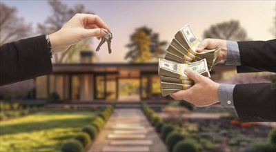 Real estate agent handing over house keys for stacks of money in front of new house