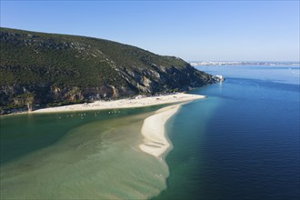 Figueirinha White Beach and Sandspit, Mountain and Atlantic Ocean. Portugal. Aerial View