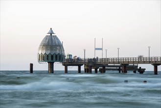 Diving gondola and pier in the light of the evening sun, Zingst, Mecklenburg-Vorpommern, Germany,