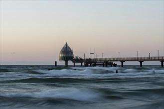 Diving gondola and pier in the light of the evening sun, Zingst, Mecklenburg-Vorpommern, Germany,