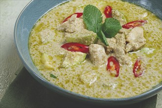 Green curry with chicken, traditional Thai cuisine, Asian food, homemade, no people