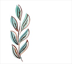 Abstract background, on a white background, drawing, branch with leaves, gouache, watercolor paint