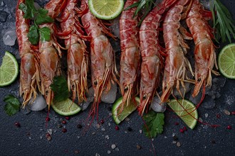 Langoustines, Australian, freshly frozen on ice, top view, lime and greens