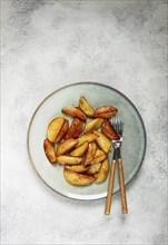 Fried potato slices, on a plate, top view, homemade, no people