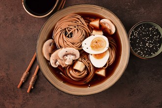 Asian soba soup, with mushrooms and egg, cheese, sesame seeds, homemade, no people