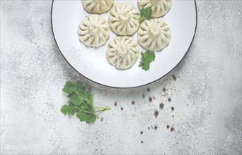 Khinkali, a traditional Georgian dish, with spices and herbs, top view, no people, on a white plate