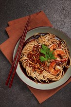 Soba, buckwheat noodles, with shimeji mushrooms and tiger shrimps, sesame, lime, parsley, homemade,