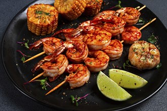 Tiger prawns on skewers, shrimp kebab, with corn, fried, homemade, no people