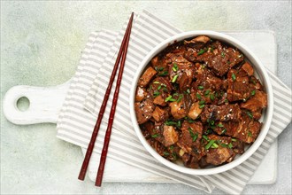 Bulgogi, with mushrooms, with sesame seeds and green onions, Korean cuisine, homemade, no people