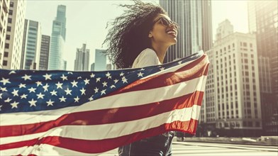 Happy woman holding an American flag in a city with tall skyscrapers on a windy day, AI generated