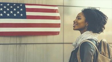 Woman smiling at an American flag in an urban setting, evoking a sense of patriotism, AI generated