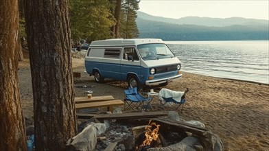 Van parked near a lake and a campsite with chairs and a table, evoking a peaceful and serene