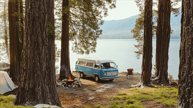 A blue van parked by a lake in a forest, with a campfire setup and tent, evoking an outdoor