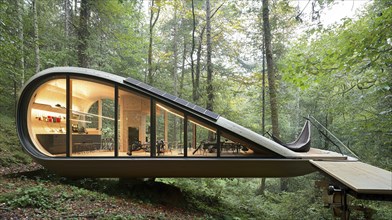 Modern cabin with glass walls and a curved roof in a lush green forest, featuring a wooden interior