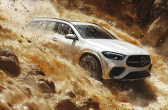 A white Mercedes-Benz SUV creating a large water splash as it drives through a rocky terrain, AI