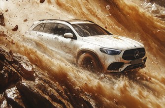 A white Mercedes-Benz SUV driving through a sandstorm in the desert, showing dynamic motion, AI