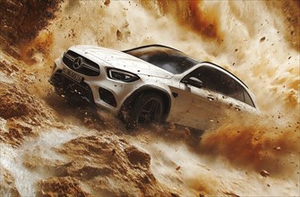 A white Mercedes-Benz SUV speeding through a muddy area, creating a massive splash, AI generated