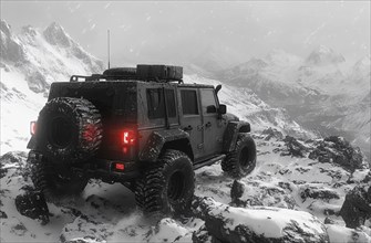 A black SUV navigating snowy rocky terrain with mountains in the background, during a snowstorm, AI