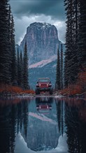 A jeep reflecting in a lake, surrounded by pine trees and mountains under an overcast sky, AI