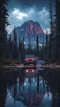 A jeep parked near a tent by a lake in a forest with mountains reflecting in the water at sunset,