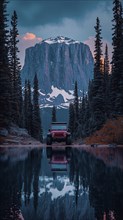 Scenic camping site with a jeep by a lake, reflecting mountains and trees at twilight, AI generated