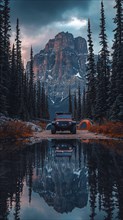 Camping scene with a jeep and tents by a lake, reflecting mountains and trees at twilight, AI