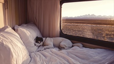 Dog resting on a bed in a van at sunset, with a desert landscape visible through the windows, AI