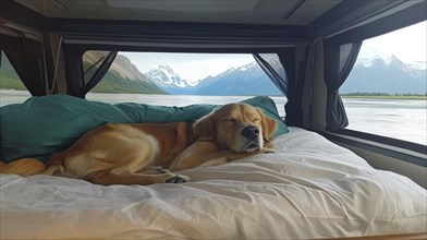 Dog relaxing on a bed inside a van, with a backdrop of mountains and a peaceful atmosphere, AI