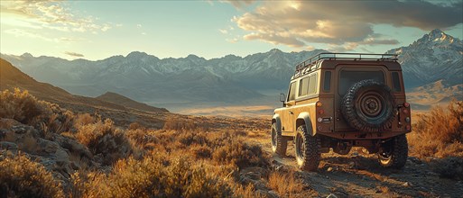 Rugged SUV traveling off-road at sunset, set against scenic mountainous landscape, AI generated