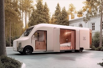 Luxurious white caravan with an open interior situated in a forest near classic architecture, AI