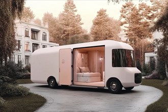 Sleek white caravan with a luxurious, open interior parked near classic architecture with a serene