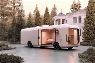 Luxurious white caravan with an open interior, situated near classic architecture in a forest