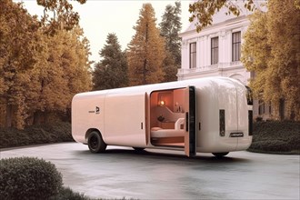 Elegant white modern van parked in an urban setting with a luxurious and sleek design and interior,