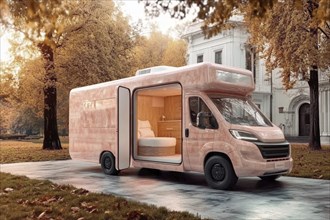 Luxurious pink caravan with an open interior parked near classic architecture in an autumn setting,