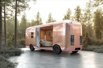 Pink luxurious caravan with an open, minimalist interior set in a serene forest, featuring sleek