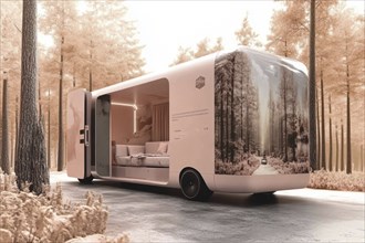 The pink modern caravan with glass doors set in the forest offers a luxurious and open interior, AI