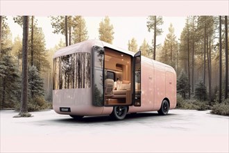 Luxurious pink caravan in the forest featuring glass doors and an open, stylish interior design, AI