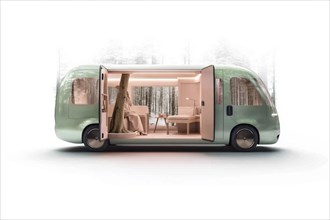 Luxurious modern green van with a sleek design, featuring a comfortable interior and forest