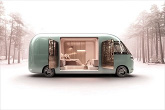 Modern green van with luxurious design, set against a forest backdrop, featuring a cozy interior,