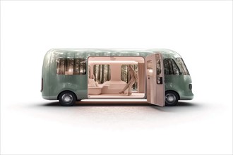 Luxurious modern green van with a sleek design showcasing a cozy and spacious interior, AI