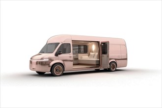 Modern pink van with a luxurious, sleek design and a cozy, well-lit interior, AI generated