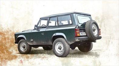 Retro off-road green SUV with spare tire, highlighting its classic and rugged design on a textured