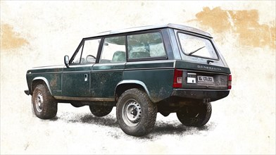 Vintage off-road green SUV with a rugged, classic design on a textured background, AI generated