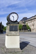 Bebel square clock and Friedrich the Great statue, Under den Linden, Berlin Mitte, Germany, Europe