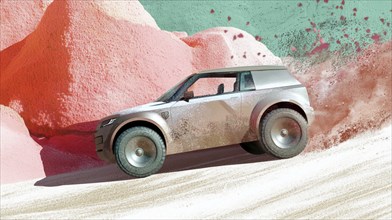 An illustration of an off-road vehicle driving through sand dunes, creating a dynamic and