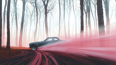 An illustration of a car speeding through a foggy autumn forest, leaving a pink trail behind, AI