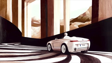 An illustration of a convertible driving on a winding road surrounded by modern architecture and